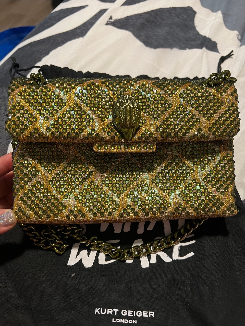 Kurt Geiger Gold and Green Crystal Shoulder Bag
